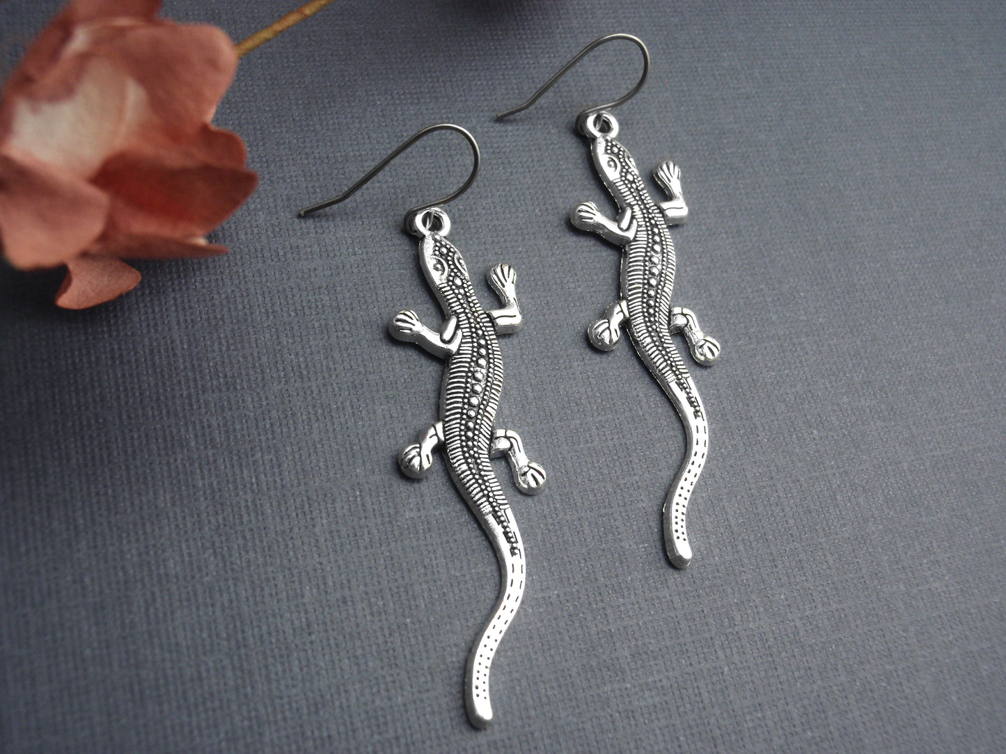 Silver lizard earrings. 925 sterling silver, stainless steel, nickel free titanium, Long gecko. Long bohemian goanna