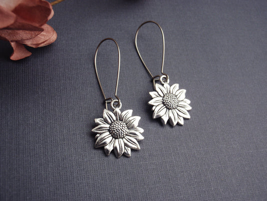 Silver sun flower earrings. Stainless steel, lead free earrings. Long sunflower earrings. Long bohemian daisy earrings.