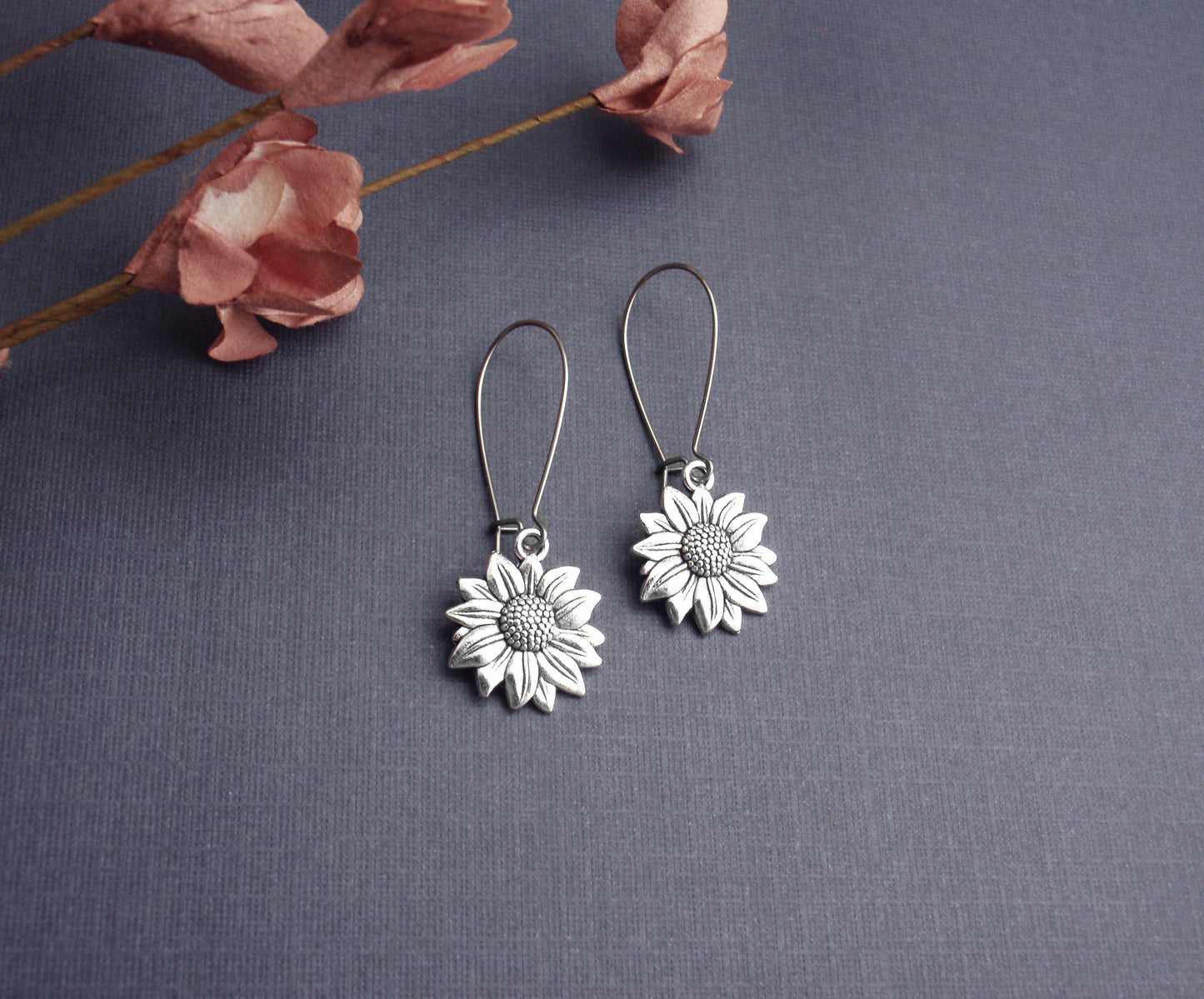 Silver sun flower earrings. Stainless steel, lead free earrings. Long sunflower earrings. Long bohemian daisy earrings.