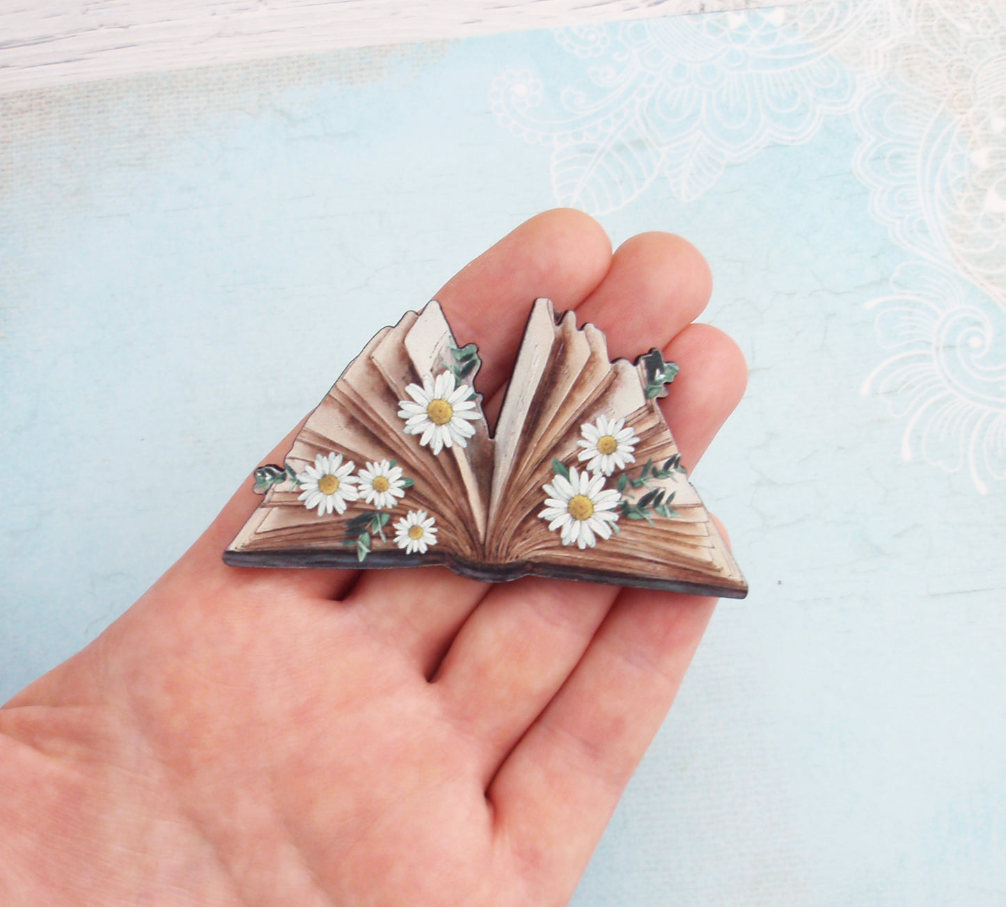 Vintage style book and daisy brooch. White daisy, flower, wreath, old fashioned tea stained antique book laser cut wooden brooch, coat pin