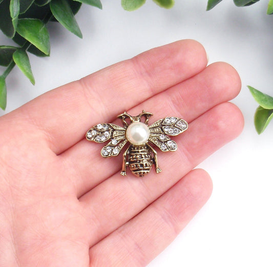 Bee brooch. Golden bronze pearl Bee broach, pin. Antique vintage style bee brooch. Dainty small rhinestone sparkly