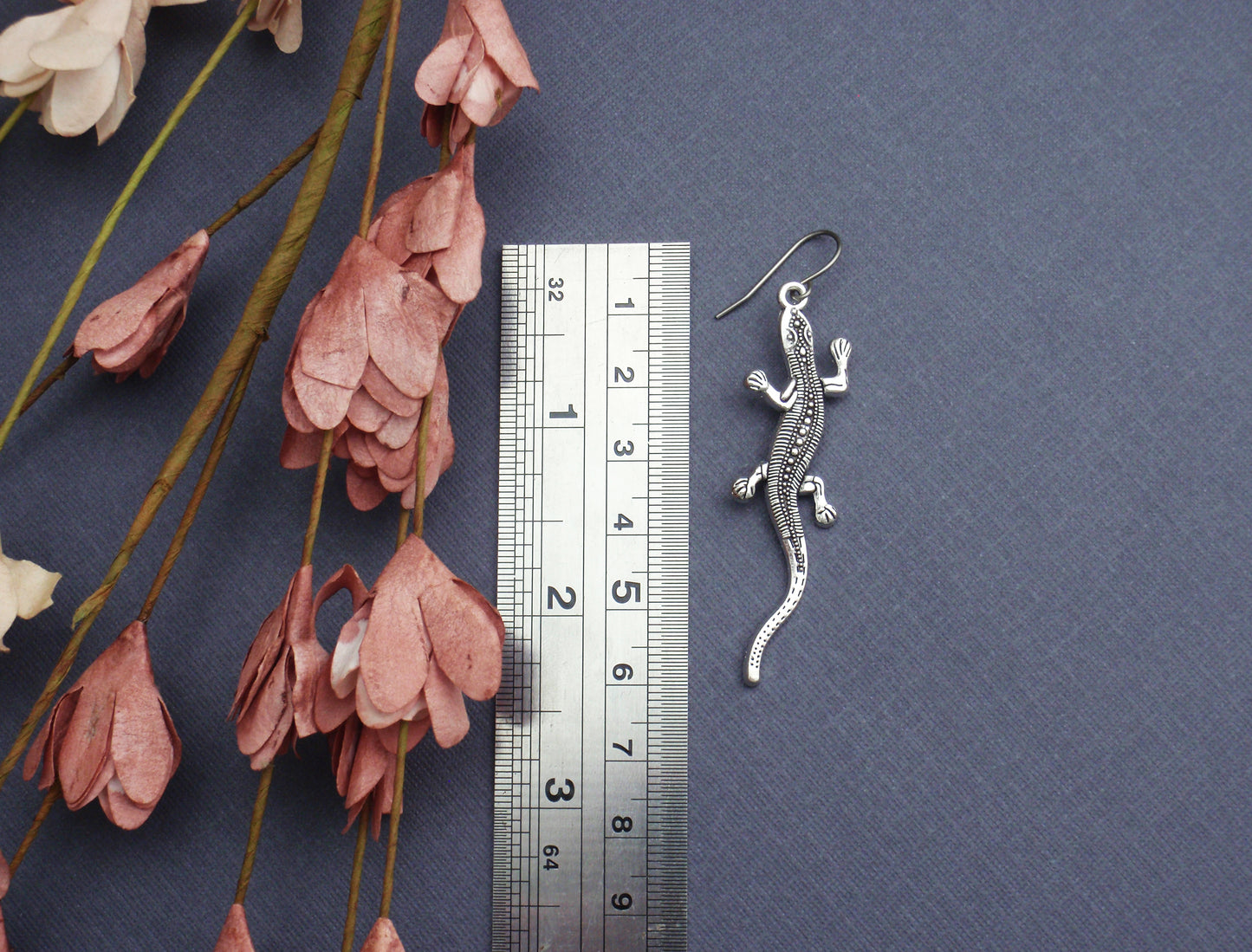 Silver lizard earrings. 925 sterling silver, stainless steel, nickel free titanium, Long gecko. Long bohemian goanna