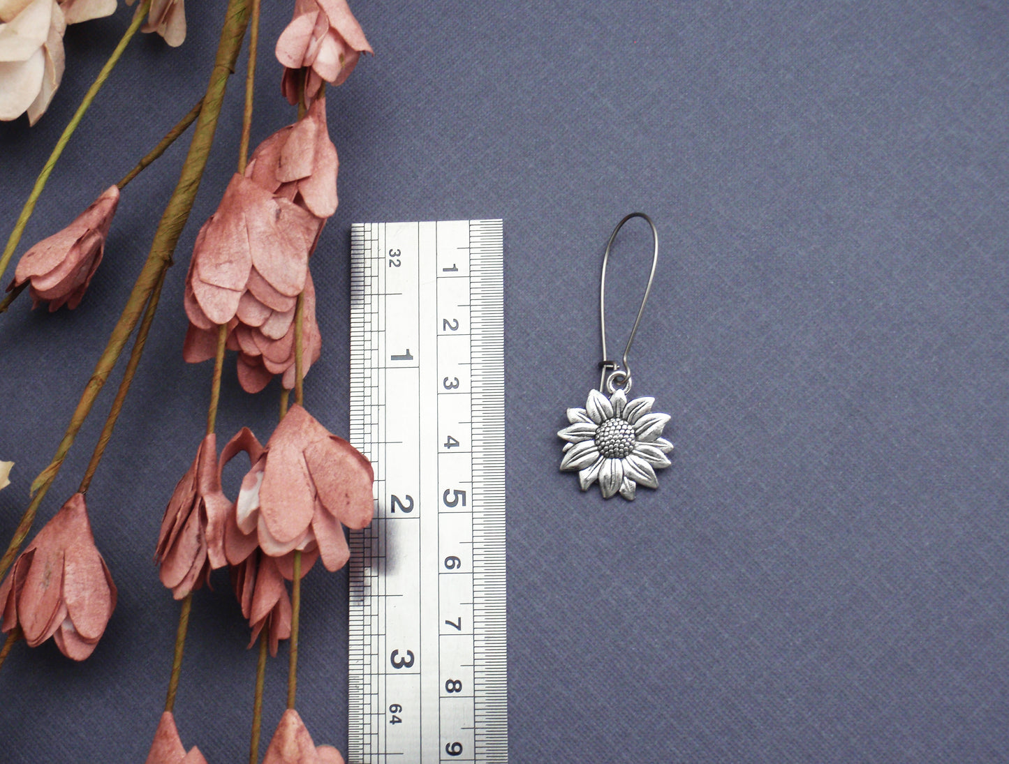 Silver sun flower earrings. Stainless steel, lead free earrings. Long sunflower earrings. Long bohemian daisy earrings.