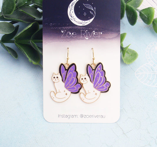 Cat butterfly earrings. White cat, purple butterfly wings, choice of 14k gold filled, nickel free brass, stainless steel, hypoallergenic earrings