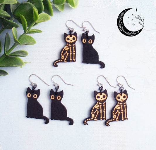 Cat earrings. 925 sterling silver, nickel free titanium or stainless steel. Black cat, skeleton cat, halloween, hypoallergenic earrings