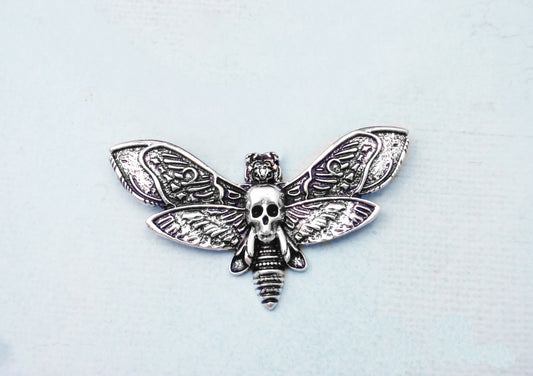 Silver skull death moth brooch. Large butterfly brooch, butterfly pin, badge, broach. Gothic black brooch. Moon phase brooch, skull brooch