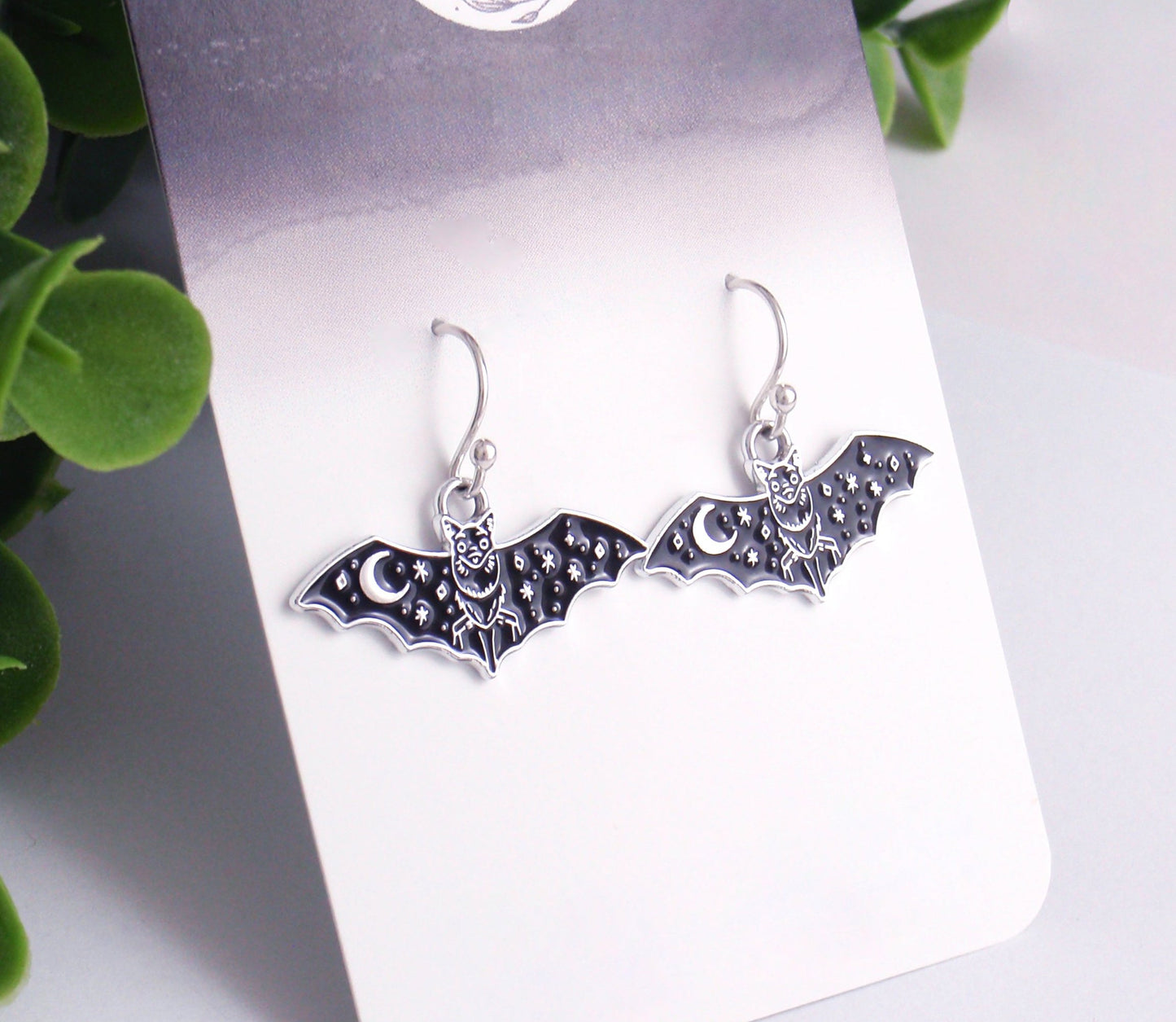 Dainty bat earrings. 925 sterling silver, nickel free titanium or stainless steel. hypoallergenic earrings. Black bat moon, celestial