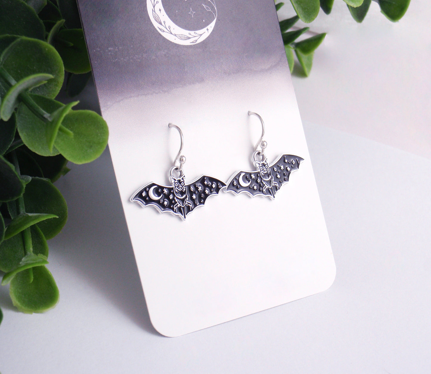 Dainty bat earrings. 925 sterling silver, nickel free titanium or stainless steel. hypoallergenic earrings. Black bat moon, celestial