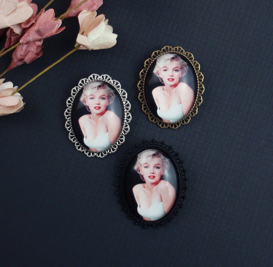 Marilyn Monroe Brooch, vintage style, antique style, Cameo, Candle in the wind Pin, Lady cameo brooch, filigree black silver, rockabilly